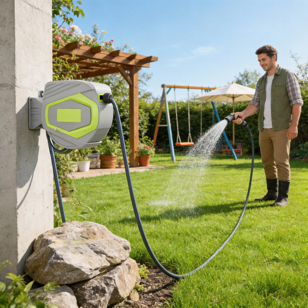 UISEBRT Schlauchtrommel Wasser 28+2m mit 180° Schwenkhalterung & 10 Sprühmodi,Schlauchaufroller zur
