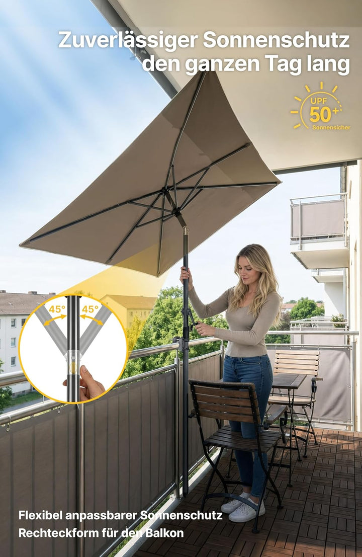 4smile SunnyShade Sonnenschirm Balkon mit Halterung im 3-er-Set, UV 50+, 210x140 cm, Taupe, Balkonsc