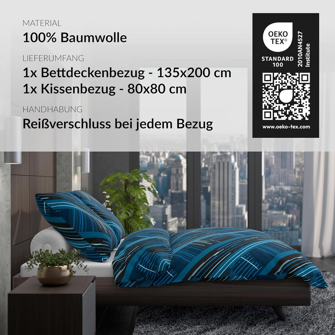 LARAWELL Bettwäsche 135x200 Baumwolle ganzjahres Bettwäsche-Sets blau abstrakt geometrisch Premium