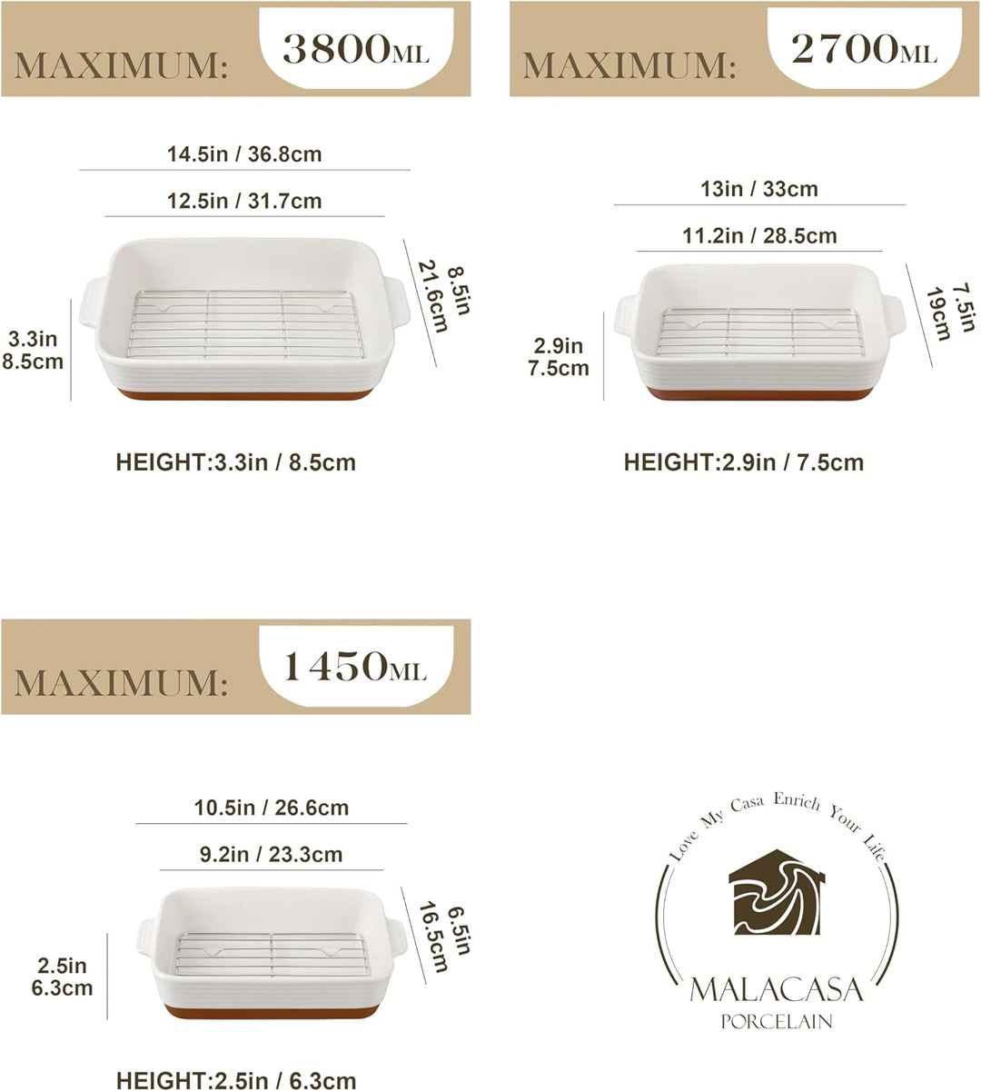 MALACASA, Serie TARA, Auflaufform Set, 3er set Auflaufformen mit Rost aus Steingut &amp; kratzfest | Bac