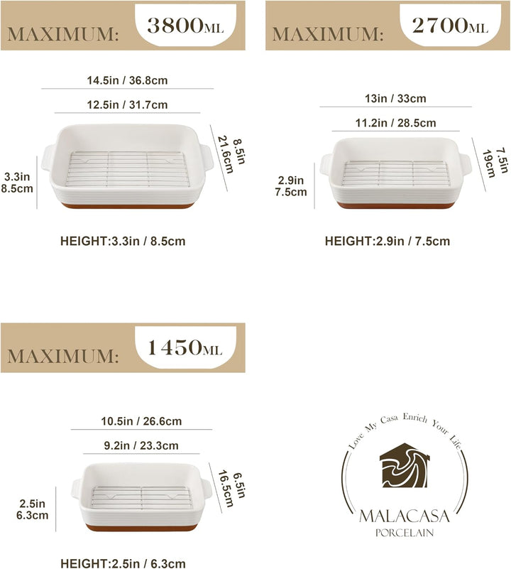 MALACASA, Serie TARA, Auflaufform Set, 3er set Auflaufformen mit Rost aus Steingut &amp; kratzfest | Bac