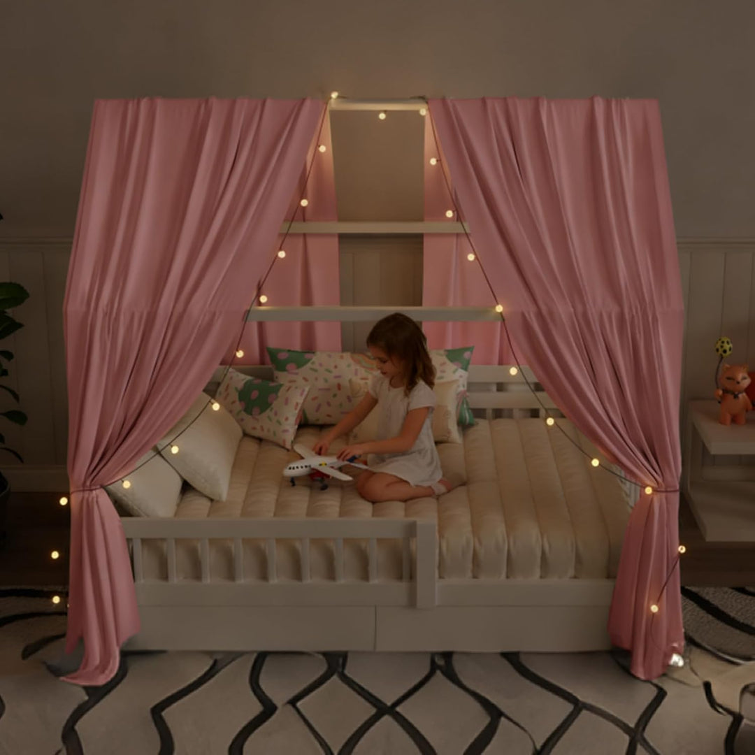 Hausbett Himmel mit Lichterkette Deko 2 Stück 135 x 350 cm Rosa | Baldachin Hausbett Vorhang,Betthim