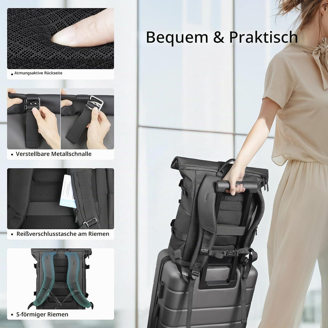 hk Rolltop Rucksack Herren Damen 15,6 Zoll Laptop Rucksack | Wasserdicht Gross Reiserucksack, Diebst