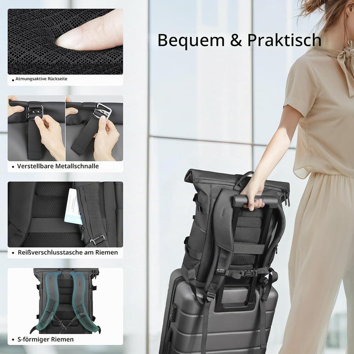 hk Rolltop Rucksack Herren Damen 15,6 Zoll Laptop Rucksack | Wasserdicht Gross Reiserucksack, Diebst