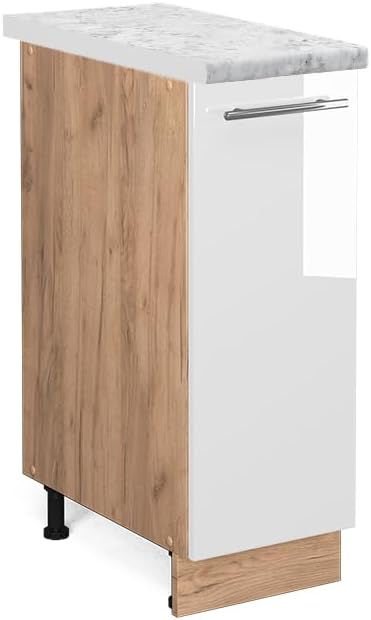 Vicco Apothekerschrank Fame-Line, Weiss Hochglanz/Goldkraft Eiche, 30 cm, AP Marmor Weiss Hochglanz