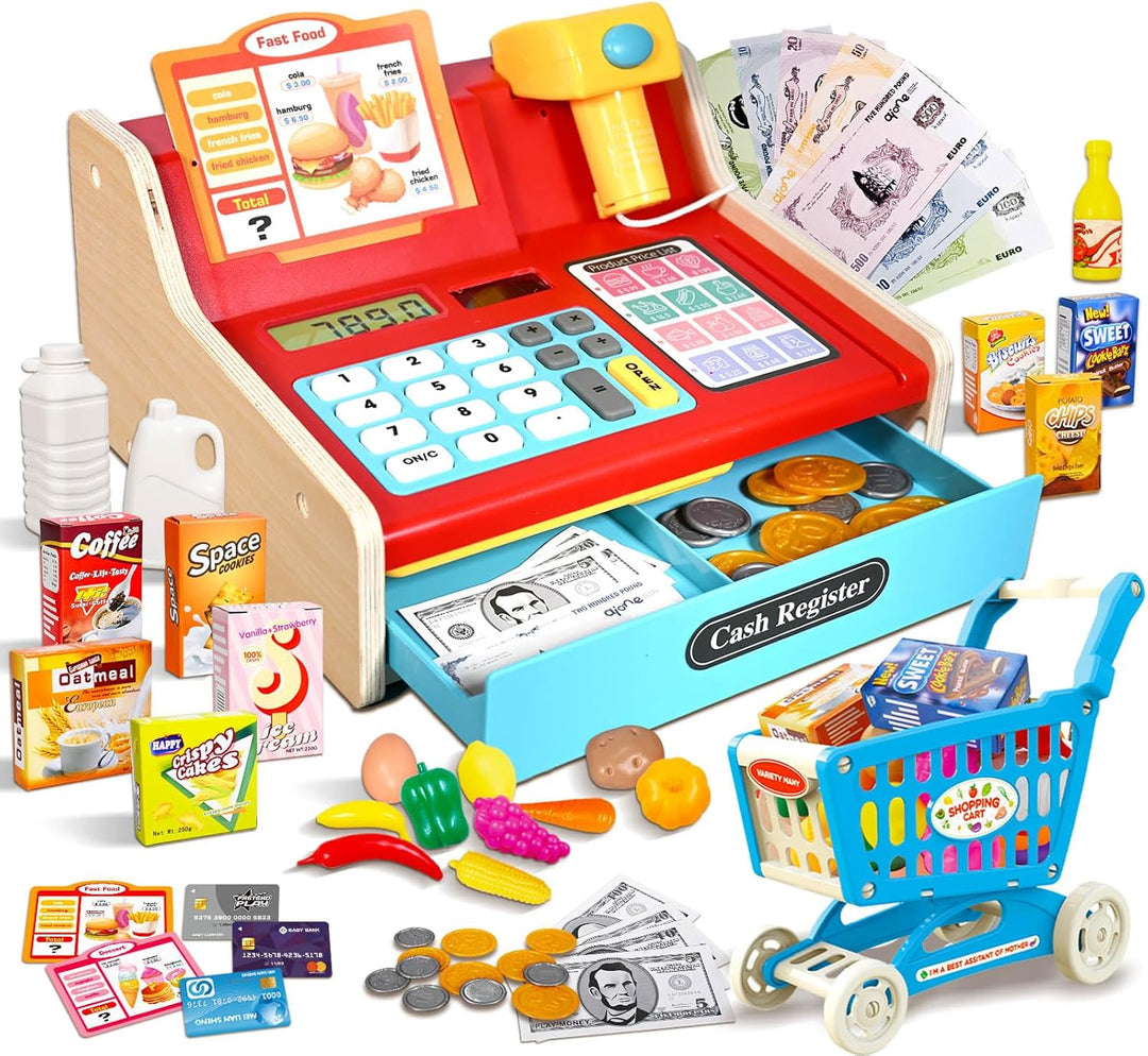 Kasse Kinder Holz mit Scanner und Sound, Spielkasse Kinder Set für Jungen Mädchen ab 3-6 Jahren, Ele