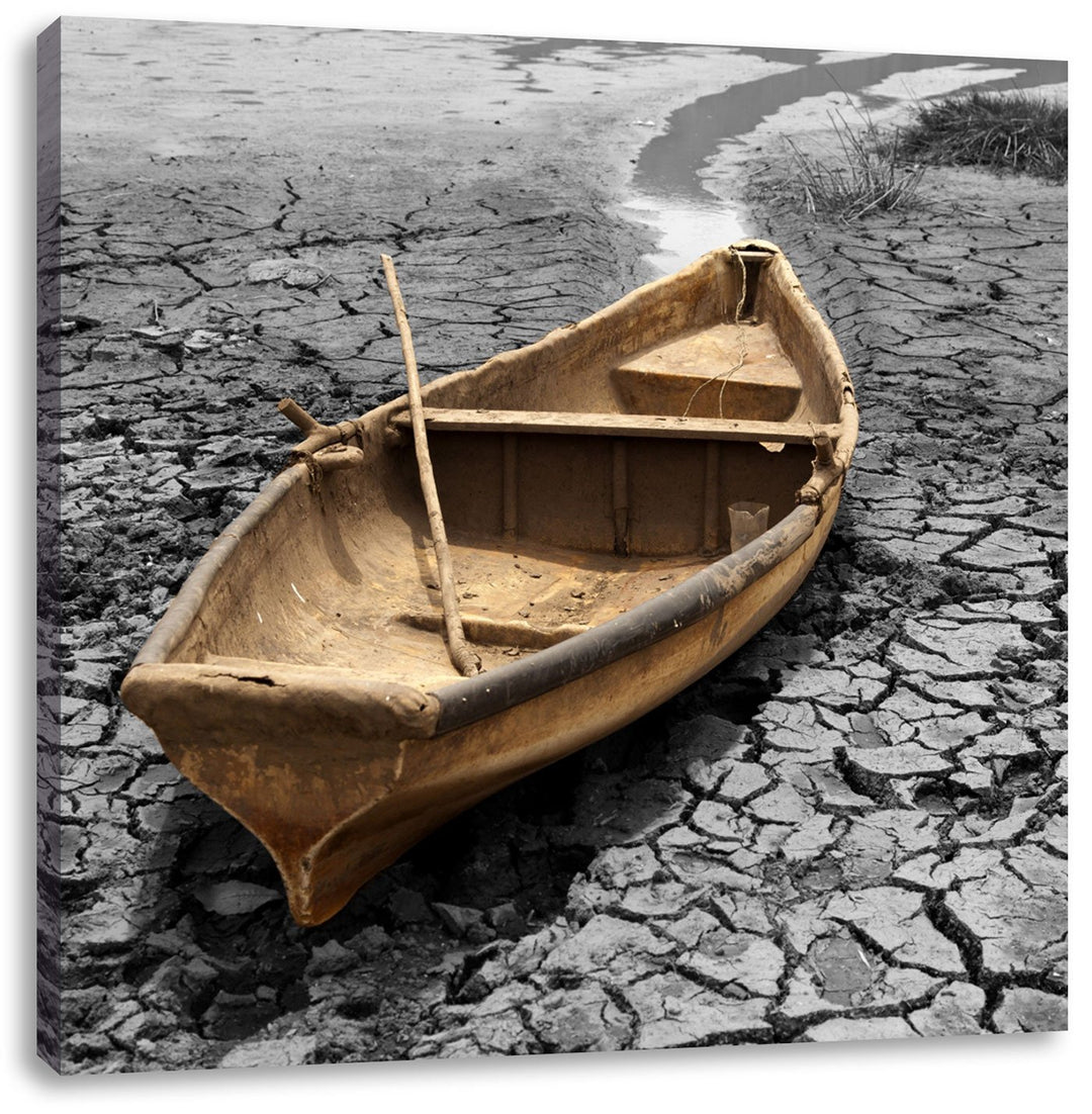 Pixxprint Ausgetrockneter Fluss mit Boot als Leinwandbild Quadratisch/Grösse: 70x70 / Wandbild/Kunst