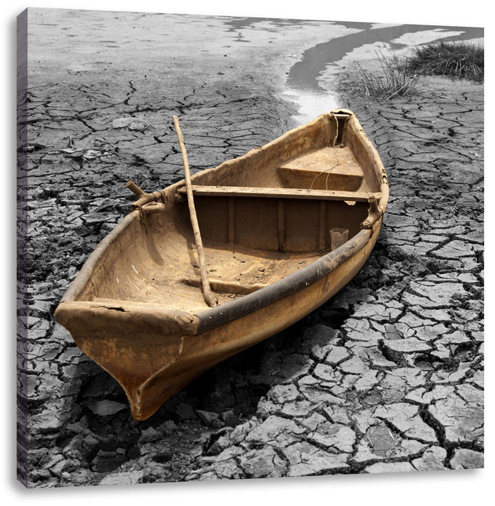 Pixxprint Ausgetrockneter Fluss mit Boot als Leinwandbild Quadratisch/Grösse: 70x70 / Wandbild/Kunst