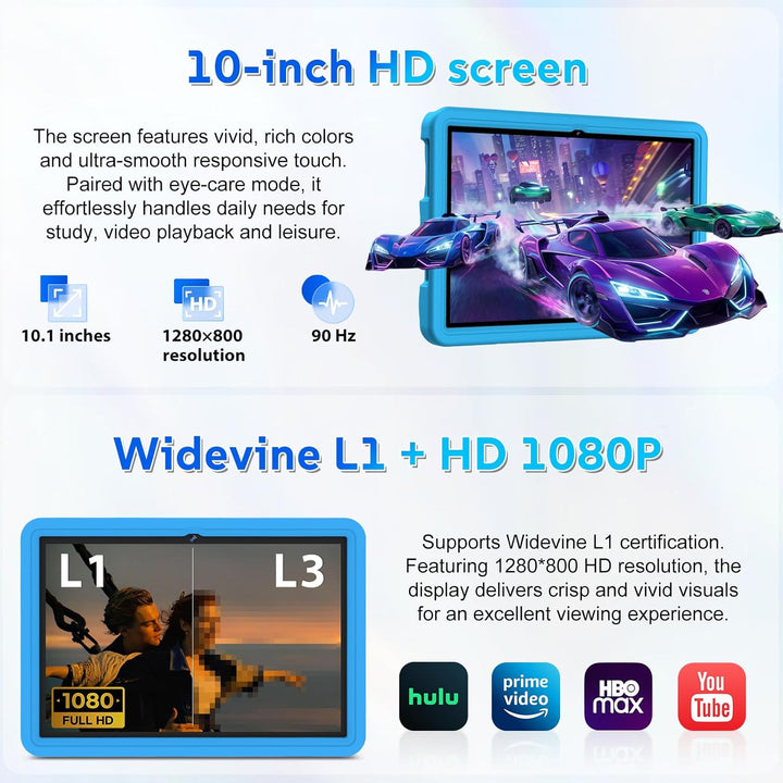 DMOAO Kinder Tablet 10 Zoll Android 15 mit 30GB RAM + 64GB ROM(2TB), 5G WLAN 6, Widevine L1, Elterli