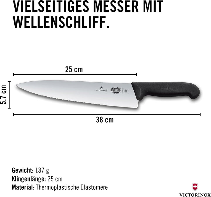 Victorinox Fibrox Kochmesser mit Wellenschliff, Breites Universalmesser für Fleisch, Fisch und Gemüs