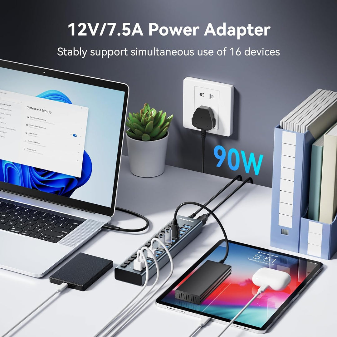 Powered USB Hub - 16 Ports 90W USB 3.0 Data Hub - mit Individuellen EIN-/Ausschaltern und 12V/7.5A N