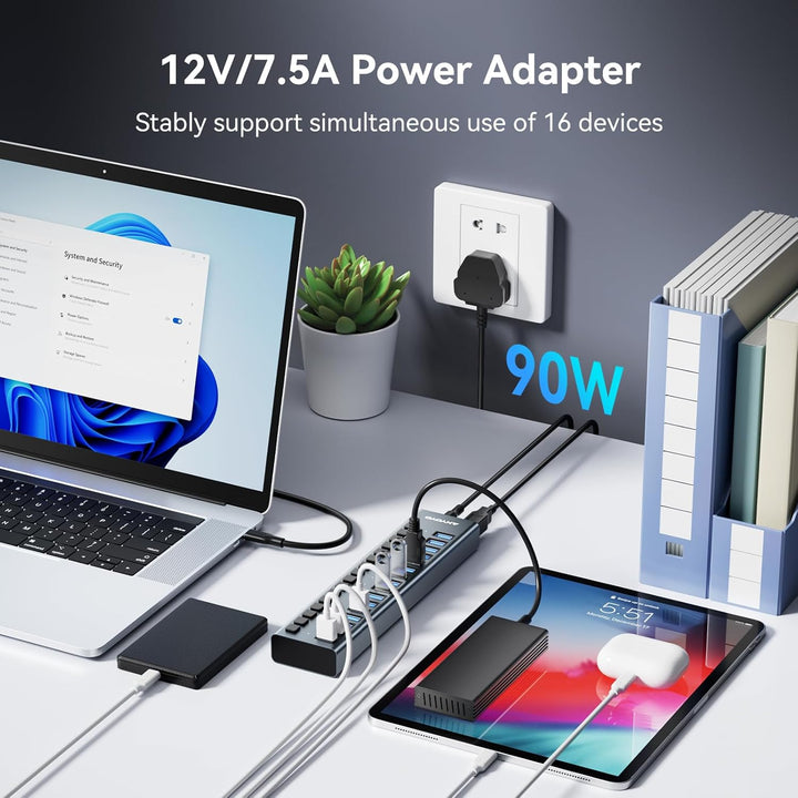Powered USB Hub - 16 Ports 90W USB 3.0 Data Hub - mit Individuellen EIN-/Ausschaltern und 12V/7.5A N