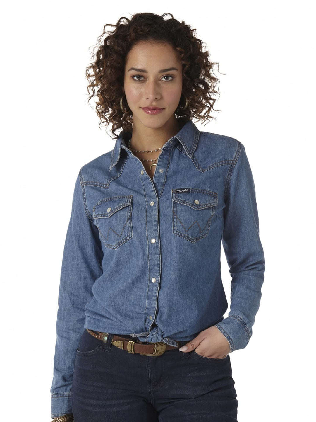 Wrangler, Retro Langarm-Western-Hemd für Damen mit Druckknöpfen, in Mittelblau S Mid-denim, S Mid-de