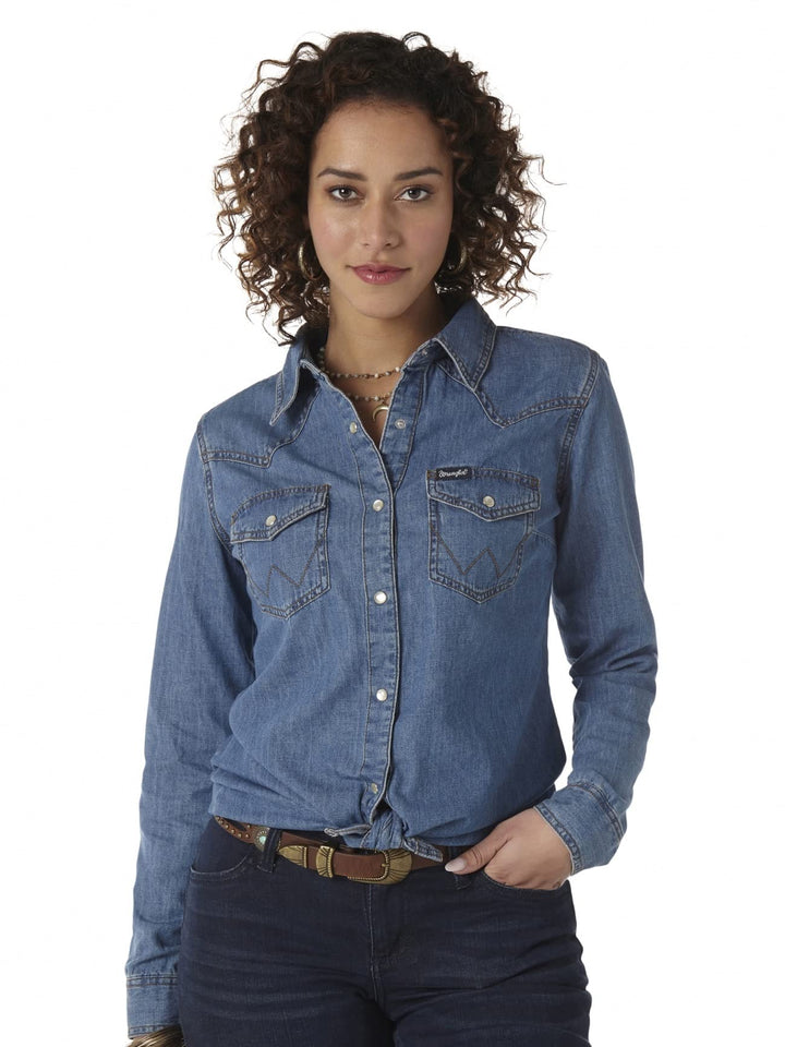 Wrangler, Retro Langarm-Western-Hemd für Damen mit Druckknöpfen, in Mittelblau S Mid-denim, S Mid-de