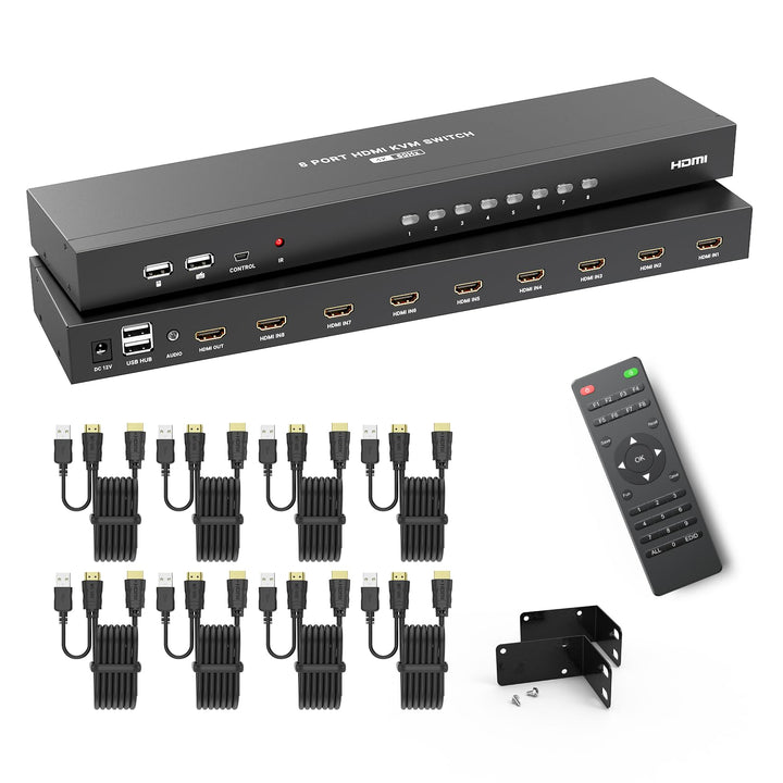 MT-VIKI 4K@60Hz HDMI KVM Switch 8 Port mit 8 Kabeln & 3,5mm Audio 19'' 1U Rackmount-KVM-Switch mit 4