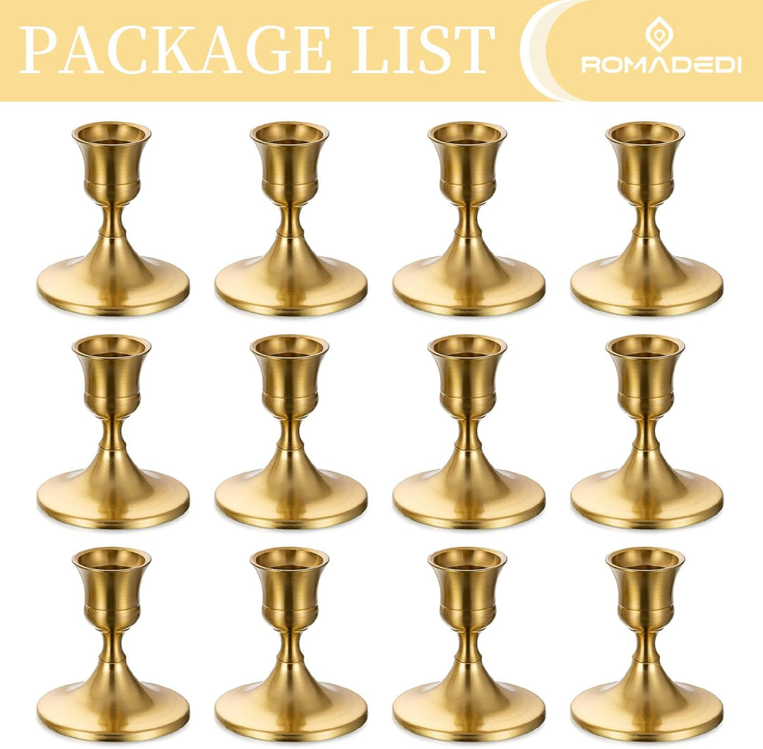 Romadedi Kerzenständer Gold Stabkerzen Tischdeko - 12er Set Klein Kerzenhalter Stabkerze Metall Vint