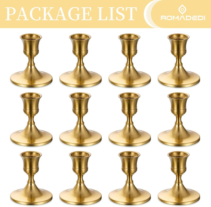 Romadedi Kerzenständer Gold Stabkerzen Tischdeko - 12er Set Klein Kerzenhalter Stabkerze Metall Vint