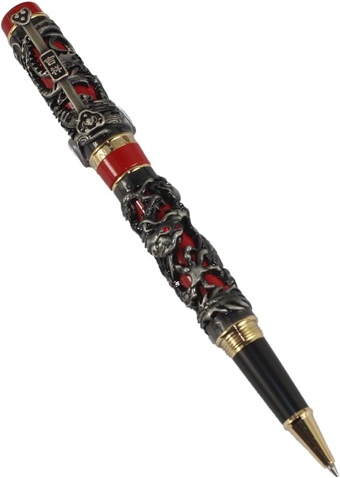 Gullor Edelste Drache und Phoenix Rollerball mit PU-Leder-Feder-Beutel - Antik Silber und Rot Antiqu