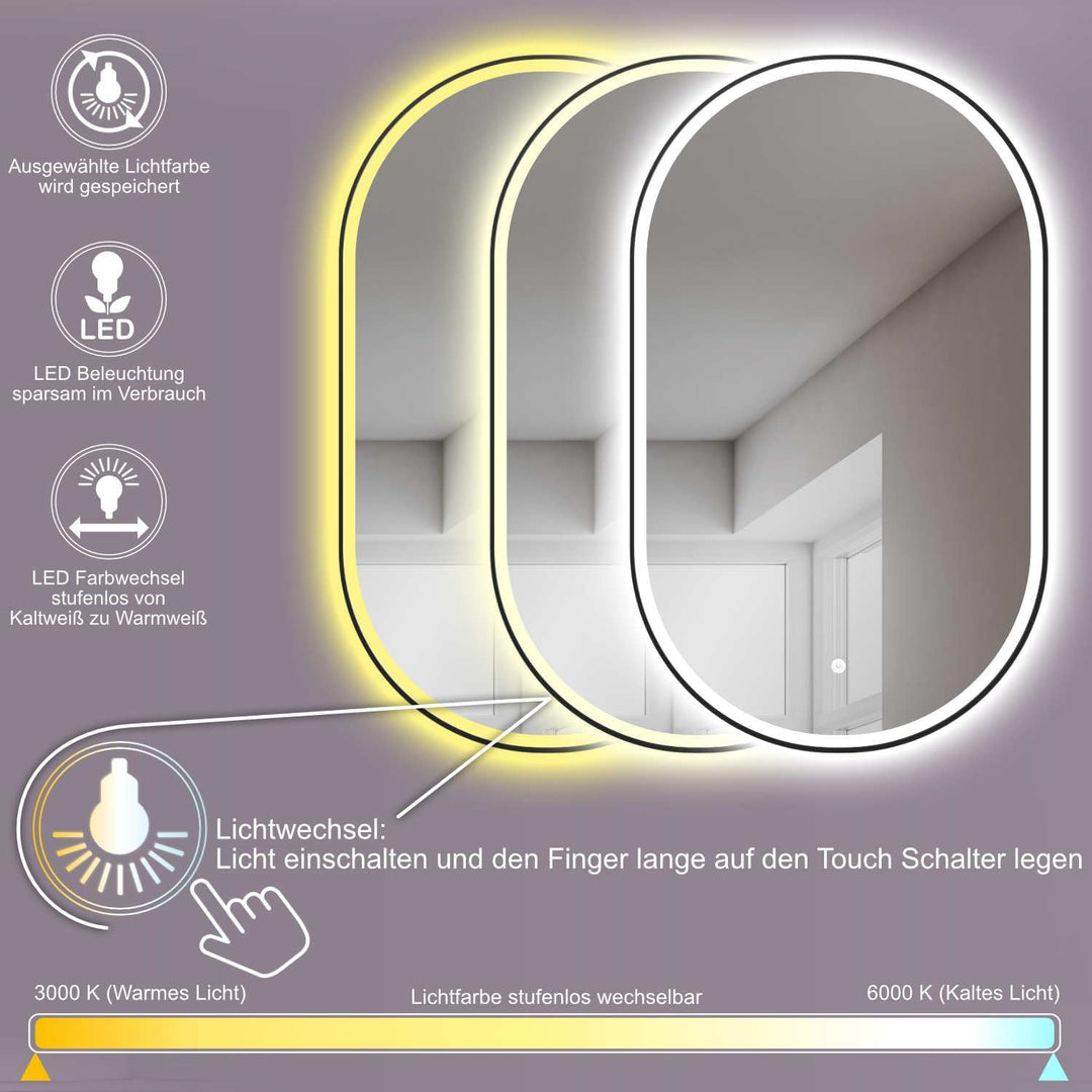 HOKO Design Bad Spiegel oval 50x90 cm / 90x50 cm Parma+ Metall Rahmen Schwarz. HOCH+QUER Montage. LE