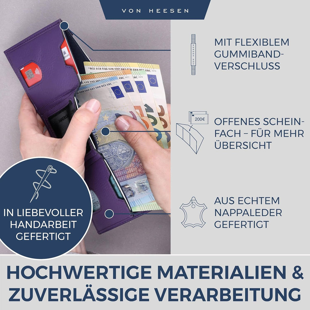 VON HEESEN Leder Slim Wallet - Geldbeutel mit RFID Schutz - Mini Geldbörse für Herren und Damen - Ka