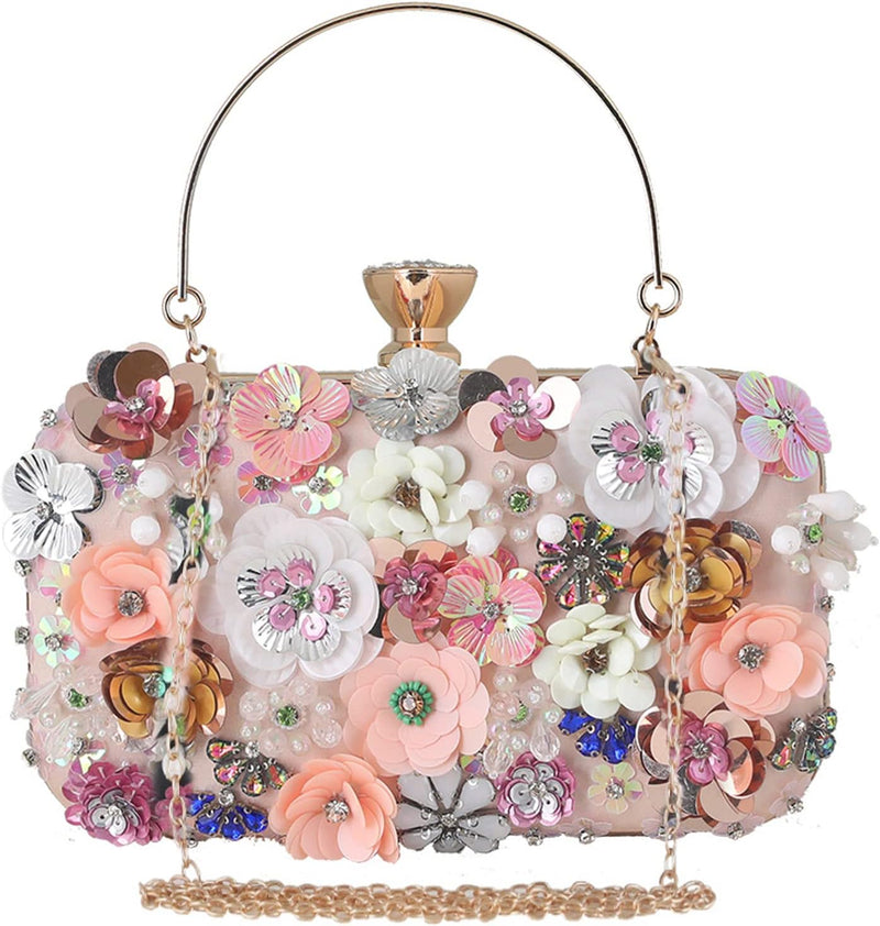 CORIOS Damen Clutch Tasche Blumen Abendtasche Hochzeit Bag Elegante Kette Shiny Strass Handtasche Sc