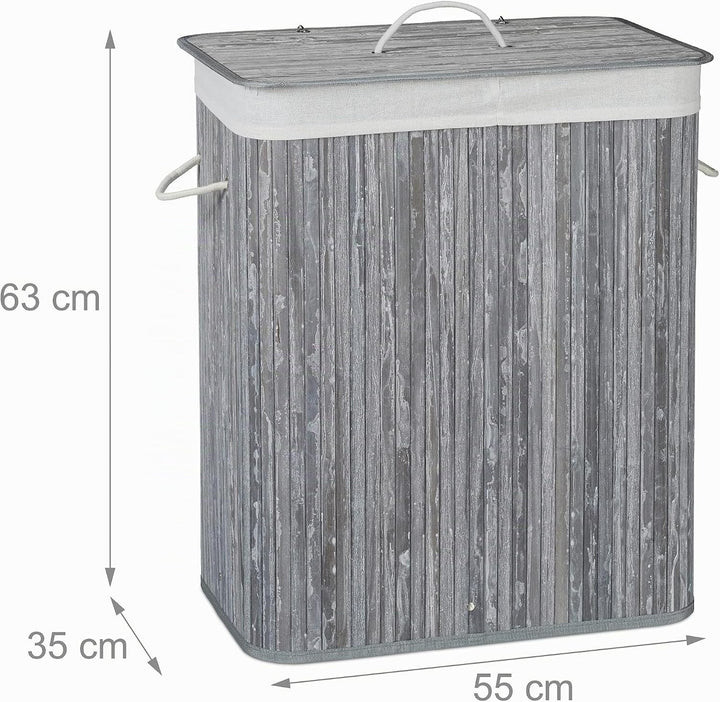 Relaxdays Wäschekorb Bambus mit Deckel, rechteckiger Wäschesammler, 2 Fächer, 95 l Volumen, faltbare