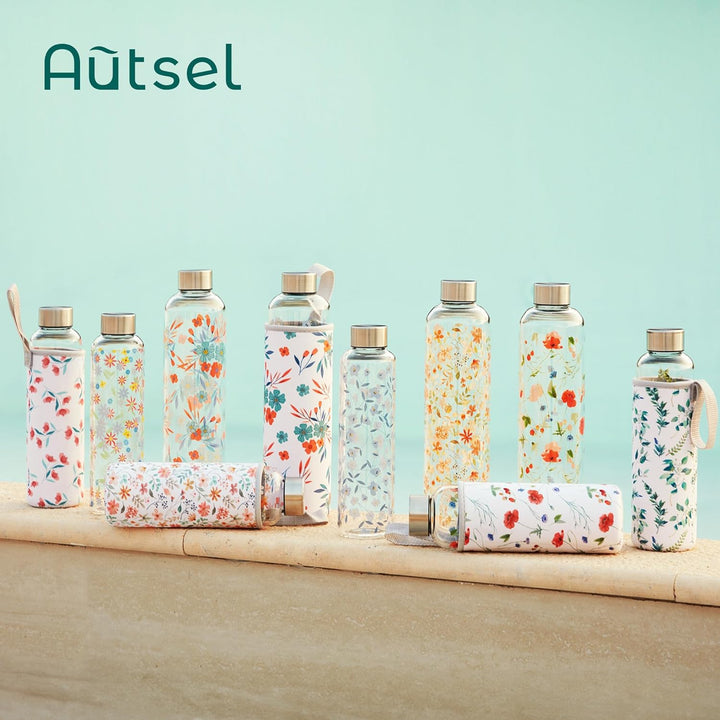 1 liter Glasflasche Trinkflasche Glas Sport Borosilikat Glass Bottle Wasser Flasche mit Neopren-Hüll