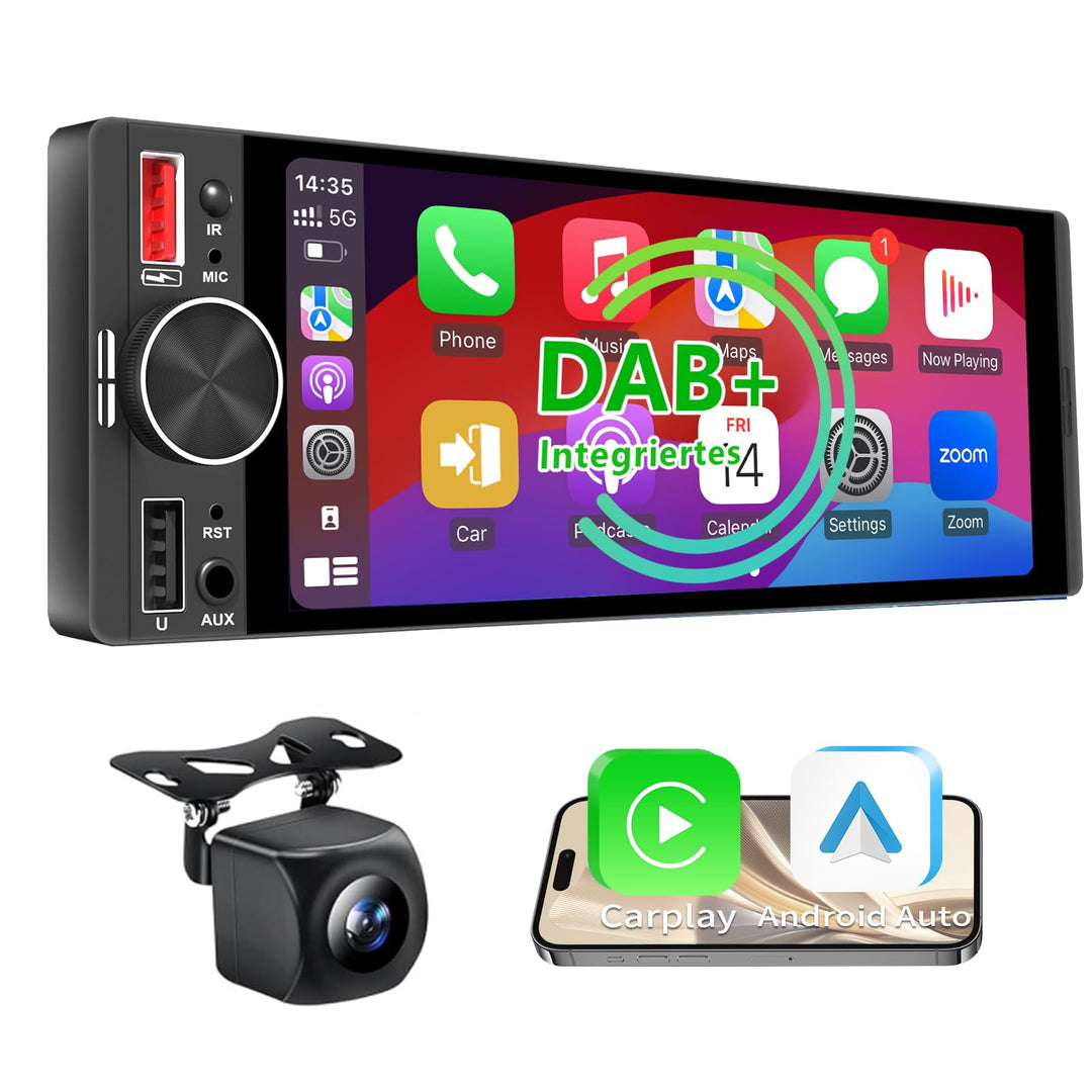 6,36 Zoll 1 Din Autoradio mit Drahtlosem CarPlay & Android Auto, Bluetooth, Full-Touch-Display FM, D