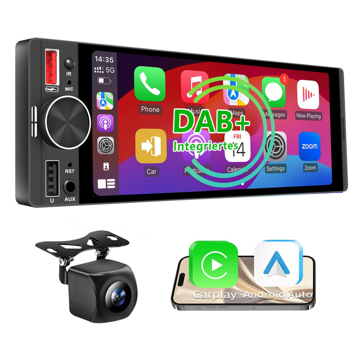 6,36 Zoll 1 Din Autoradio mit Drahtlosem CarPlay & Android Auto, Bluetooth, Full-Touch-Display FM, D