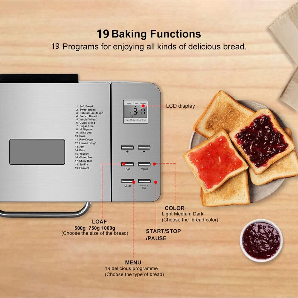 Brotbackautomat, 650W Brotbackautomaten Edelstahl, Brotbackmaschine 19 Programme 1000g Bread Maker f