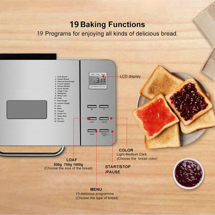 Brotbackautomat, 650W Brotbackautomaten Edelstahl, Brotbackmaschine 19 Programme 1000g Bread Maker f