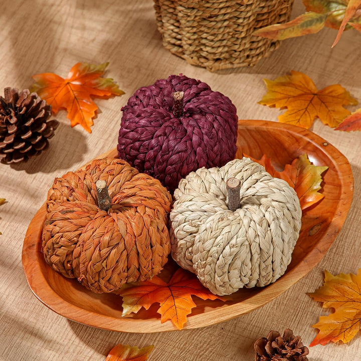 Hollyone 3er-Set Künstlicher Kürbis Herbstdeko Kleine Kürbisse Deko Orange Rot Beige Gewebte Kürbiss