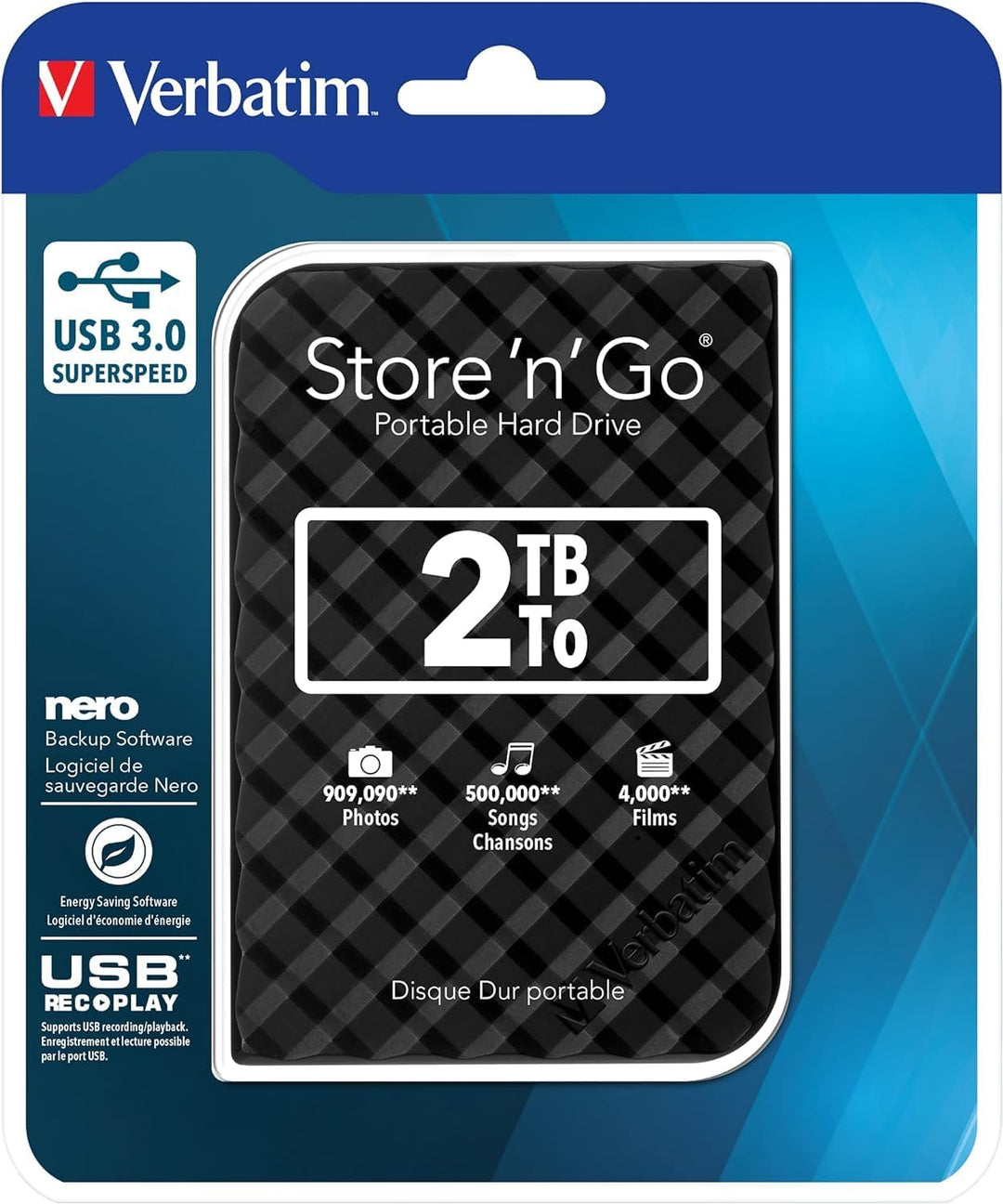 Verbatim Store 'n' Go SuperSpeed, 2 TB, Schwarz geriffelt, Externe Festplatte, USB 3.0, Festplatte e