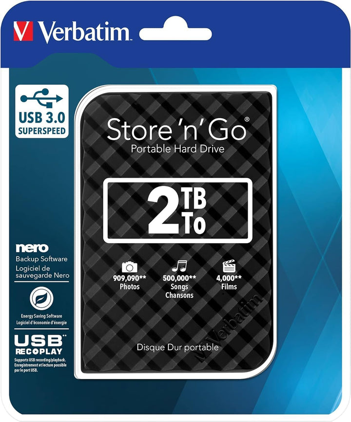 Verbatim Store 'n' Go SuperSpeed, 2 TB, Schwarz geriffelt, Externe Festplatte, USB 3.0, Festplatte e