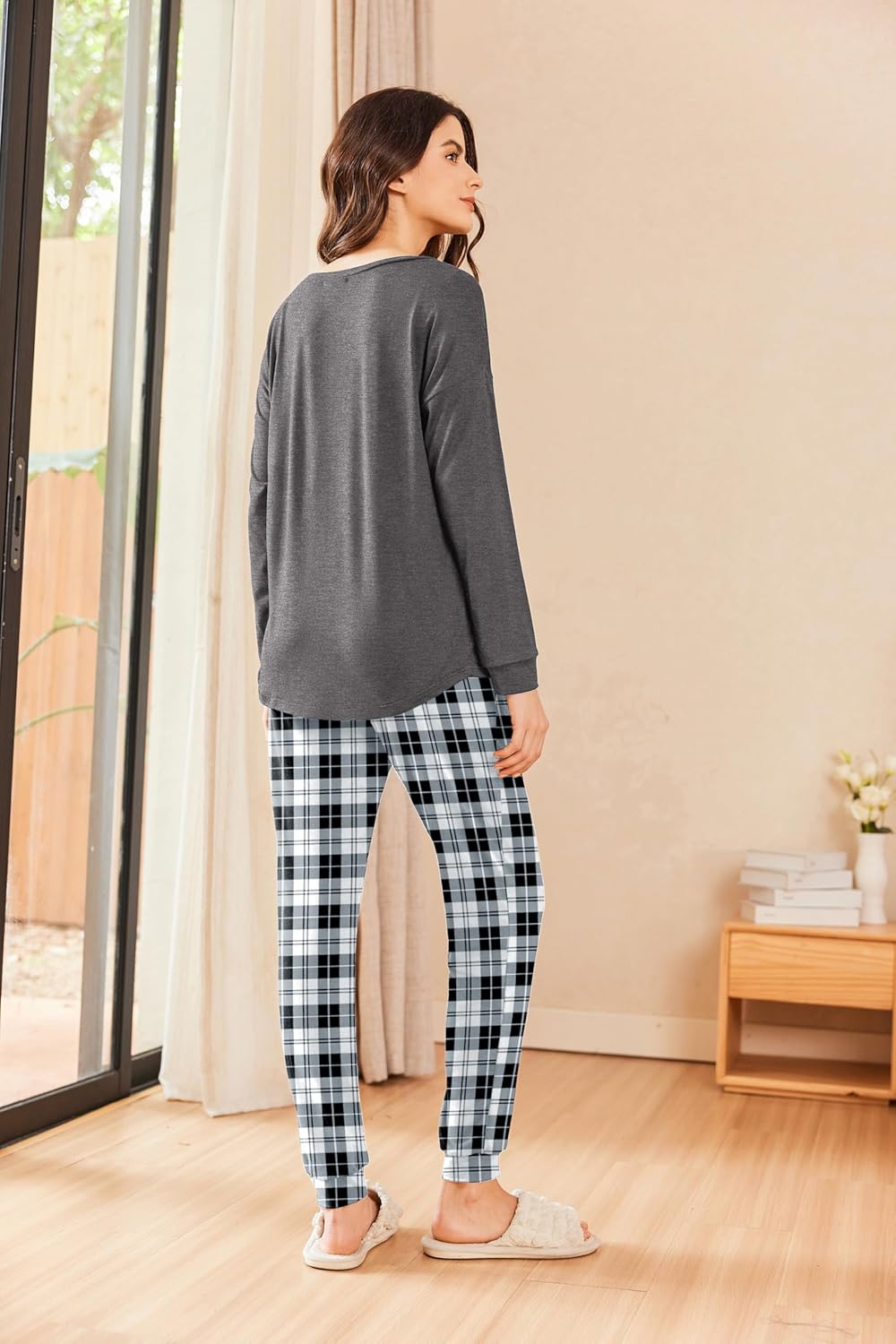 Ekouaer Schlafanzug Damen Lang Zweiteiler Pyjama Langarm Warm Pyjama Set Weich Nachtwäsche Kariert,