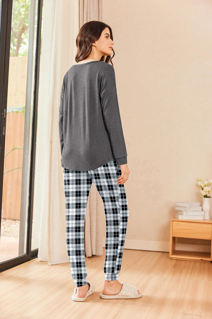 Ekouaer Schlafanzug Damen Lang Zweiteiler Pyjama Langarm Warm Pyjama Set Weich Nachtwäsche Kariert,