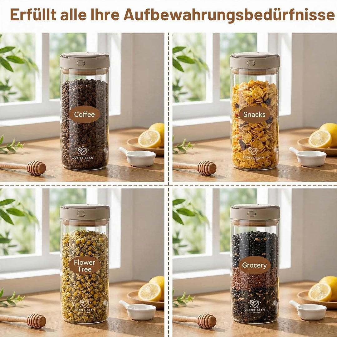 Kaffeedose Luftdicht Glas, 1700ML Vakuum Kaffeedose, Transparent Kaffeebohnen Aufbewahrung, Kaffeebe