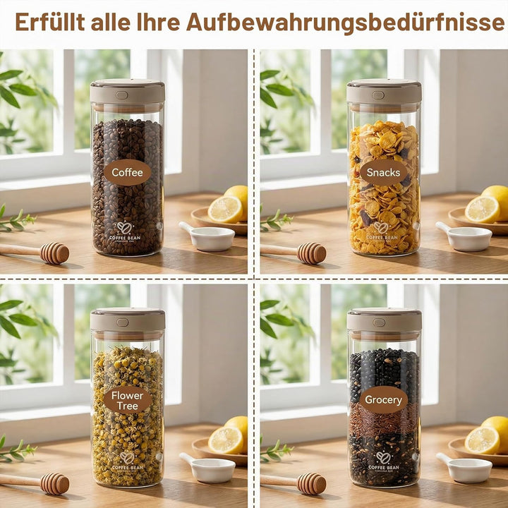 Kaffeedose Luftdicht Glas, 1700ML Vakuum Kaffeedose, Transparent Kaffeebohnen Aufbewahrung, Kaffeebe