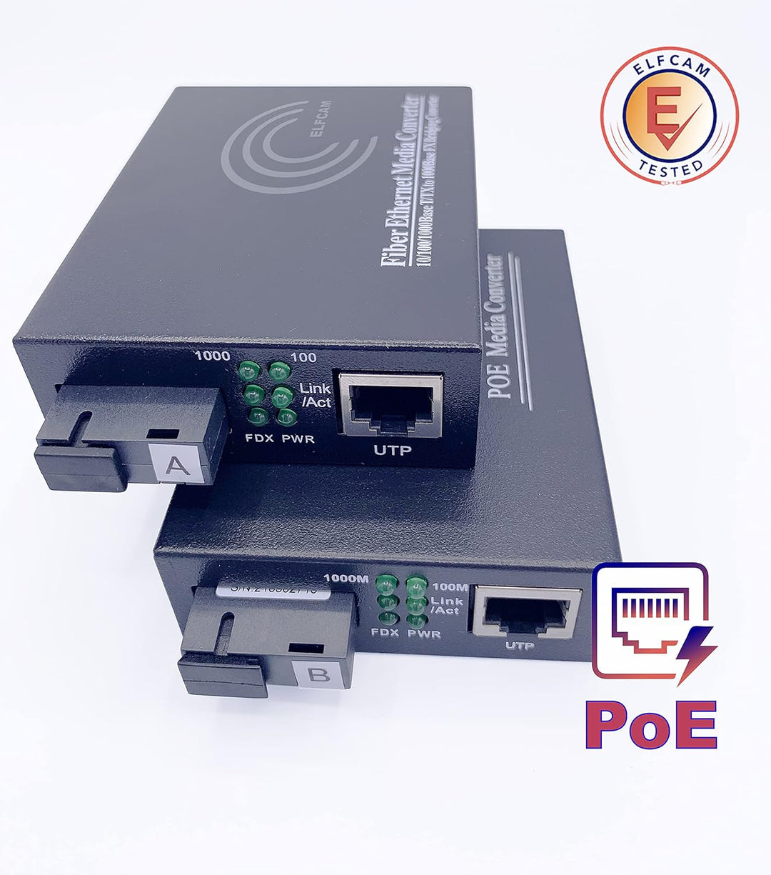 Elfcam® - PoE Gigabit Ethernet LWL Medienkonverter Glasfaser 10/100/1000 Mbps inklusive Mini-GBIC (S