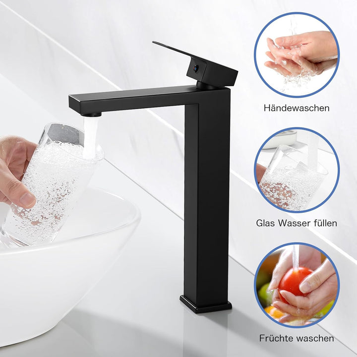 Waschtischarmatur Schwarz Hoch, BOOXELY Waschbeckenarmatur Wasserhahn Bad, Armatur Badezimmer Mischb