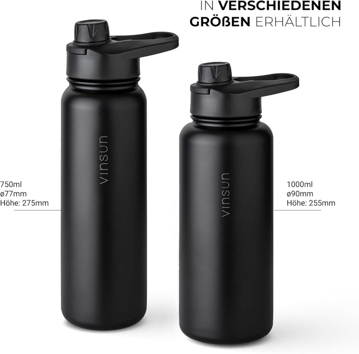 Vinsun Thermosflasche schwarz 1L - auslaufsicher, Kohlensäure geeignet, BPA frei - Strohhalm, Trinkö