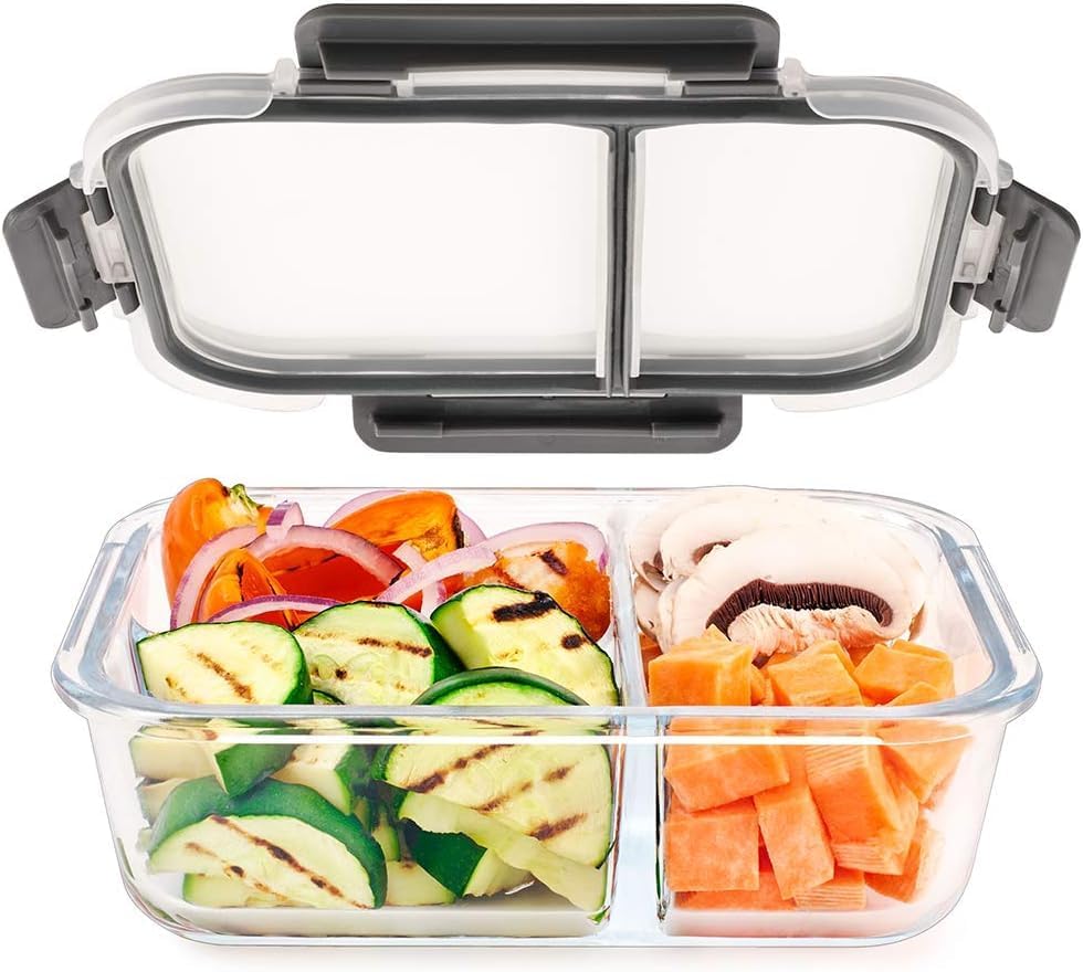 Meal Prep Container aus Glas mit 3 Fächern und Transparentem Deckel - Luftdicht Verschliessbare Fris