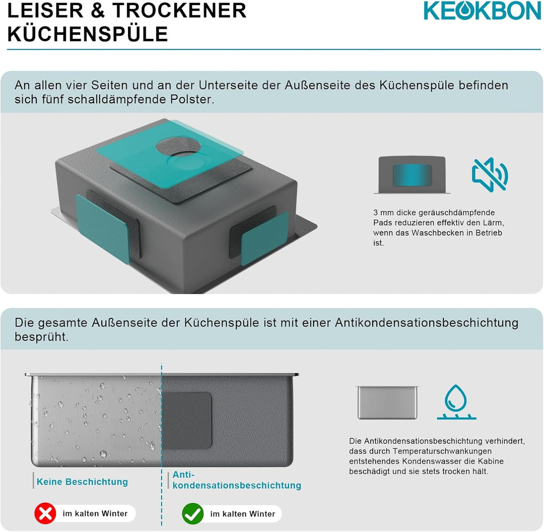 KEOKBON Spülbecken Küche Edelstahl Schwarz Anthrazit 60 x 50cm, Rechteckig Küchenspüle für 60cm brei