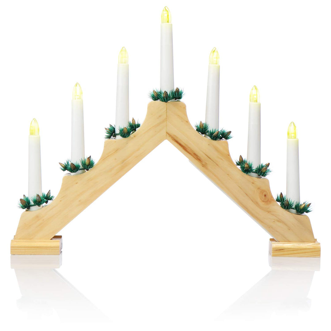 COM-FOUR® LED Schwibbogen als Weihnachtsbeleuchtung - Kerzenbrücke mit 7 LEDs - Lichterbogen Pyramid