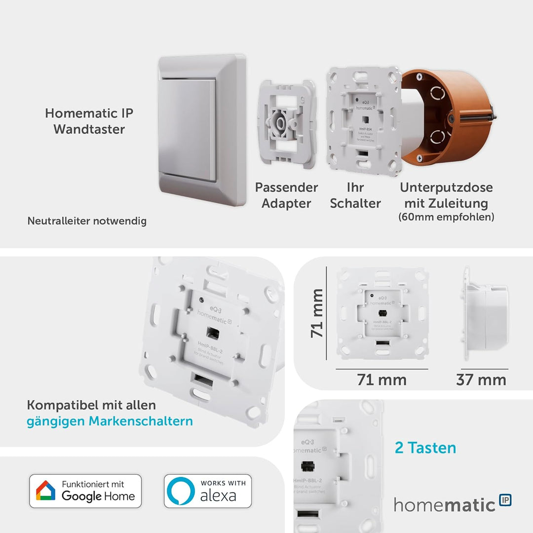 Homematic IP Smart Home Jalousieaktor für Markenschalter, Digitale Steuerung von 1 Jalousie oder Raf