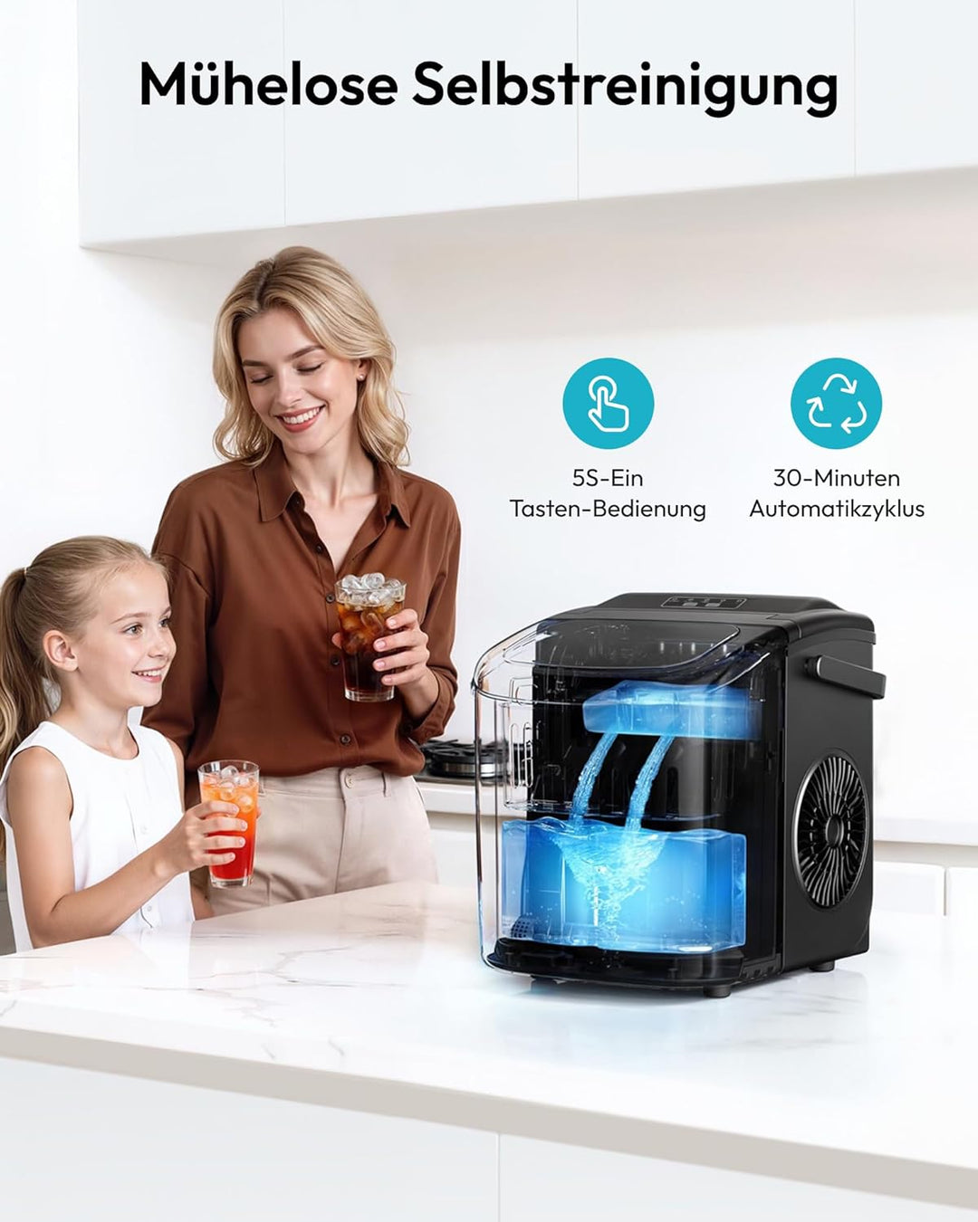 EUHOMY Eiswürfelmaschine Klein, 12KG Eiswürfelbereiter Ice Maker, 9 Würfel in 6 Minuten fertig, Schw
