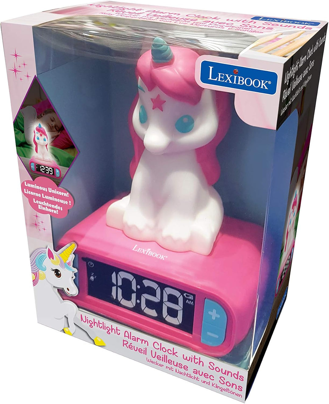 Lexibook -RL800UNI Nachtlicht für Kinder, leuchtend, Einhorn-Soundeffekte, Uhr, Alarm für Mädchen, S
