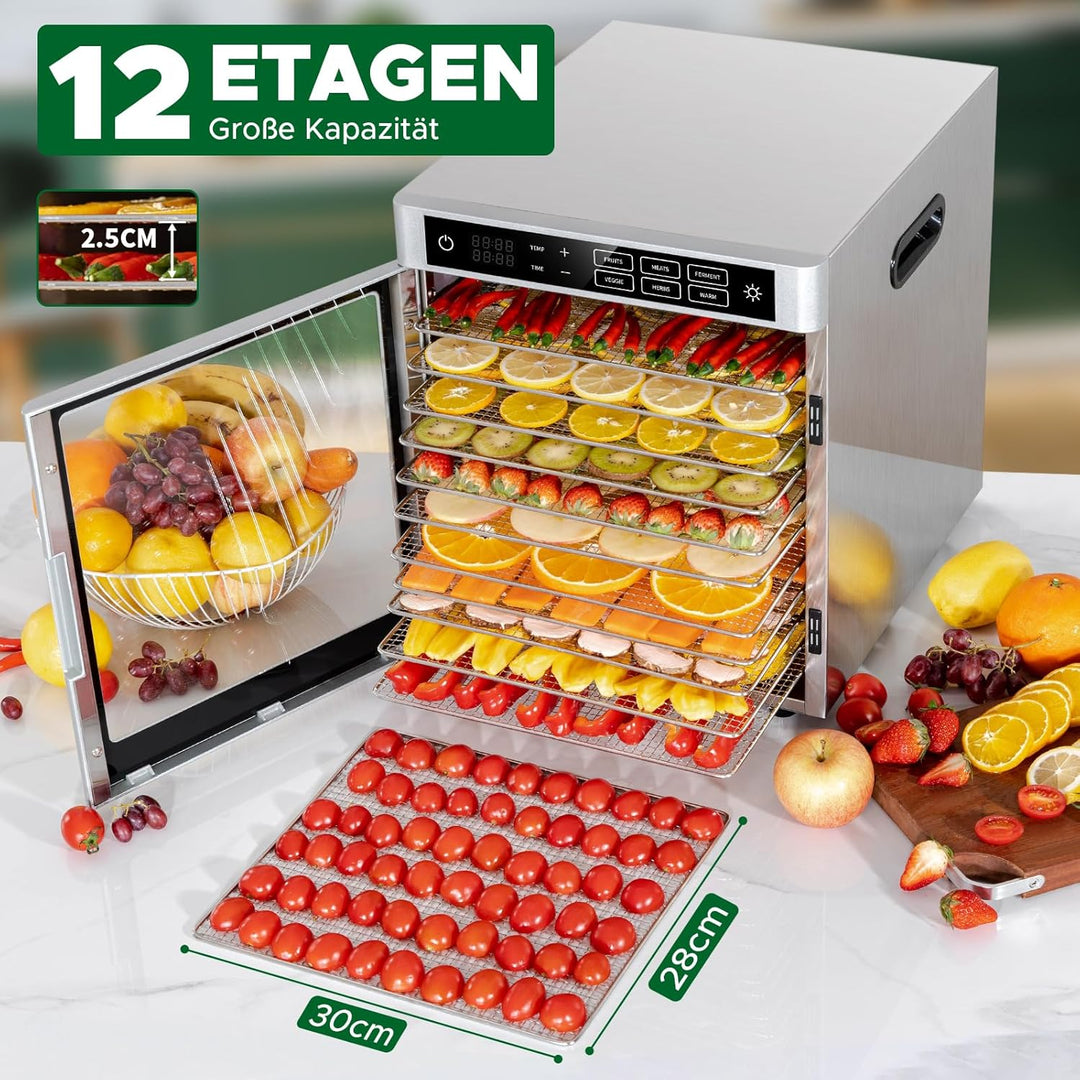 Kwasyo Dörrautomat 12 Etagen Edelstahl, 6 Voreinstellungen für Früchte, Gemüse, Fleisch, Blumen, 85°