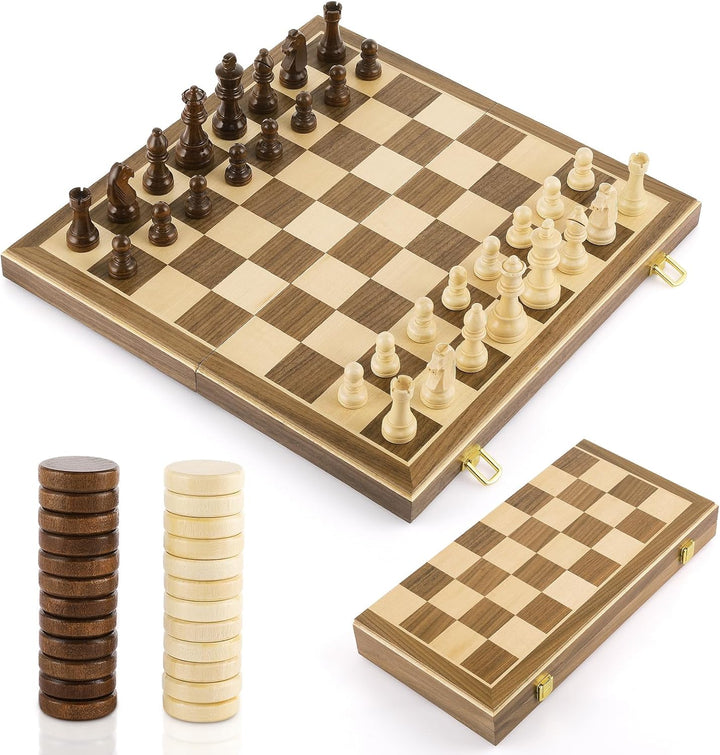 Peradix 2 in 1 Schach und Dame Spiel aus Walnussholz Holz - 39x39CM Klappbar Schachbrett Magnetisch