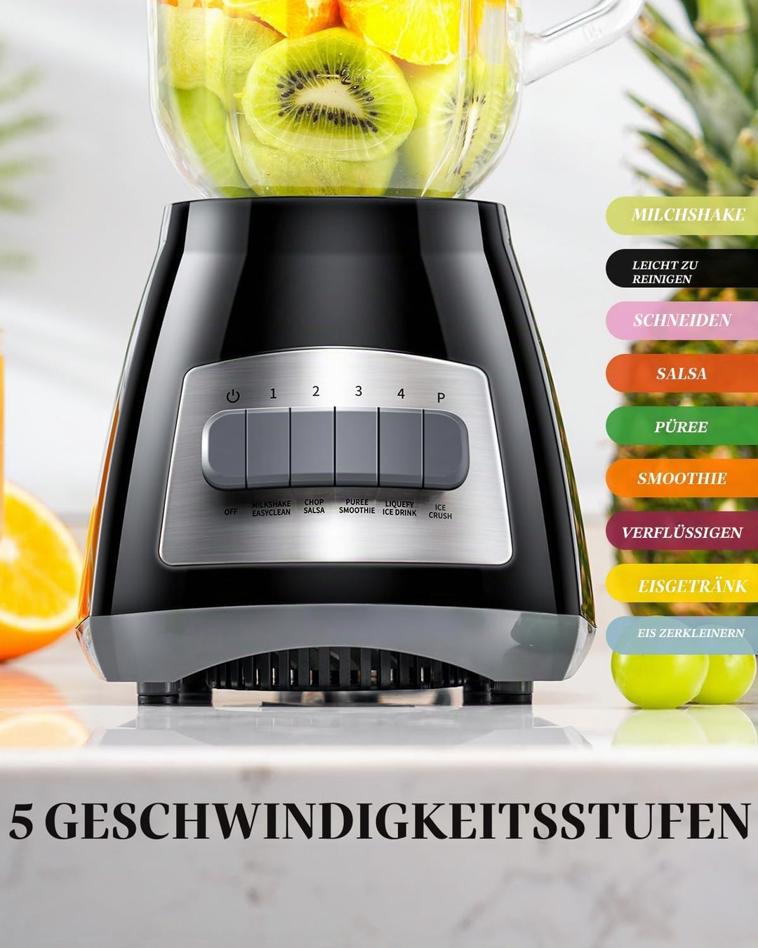 SHARDOR Standmixer, 700 W Spitzenleistung smoothie maker mit 1,5-Liter-Glasbehälter, Edelstahl 6-Kli